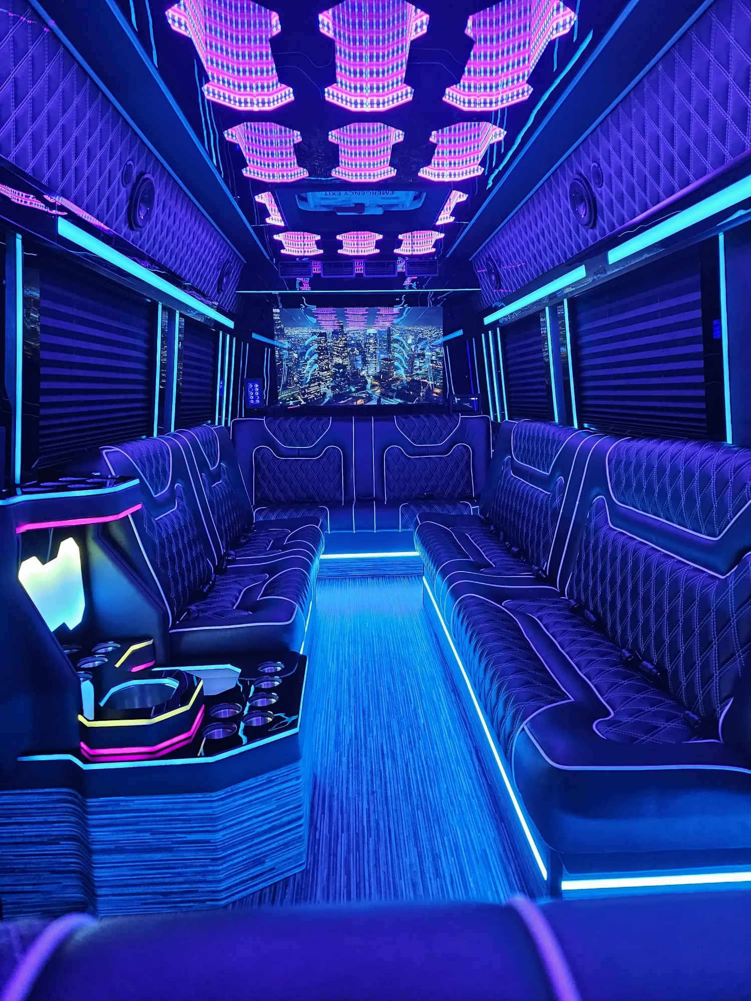 Limo Sprinter interior with perimeter lounge seating and ambient lighting